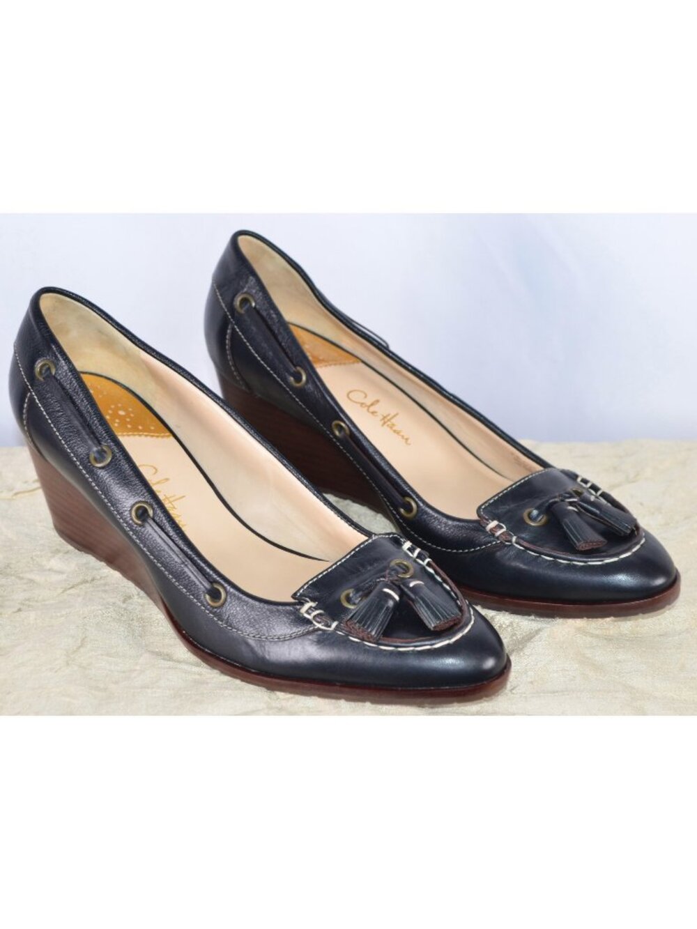 Cole Haan Calista Nike Air Wedge Heel Slip On Shoe Smooth Black Leather Sz 9 1/2